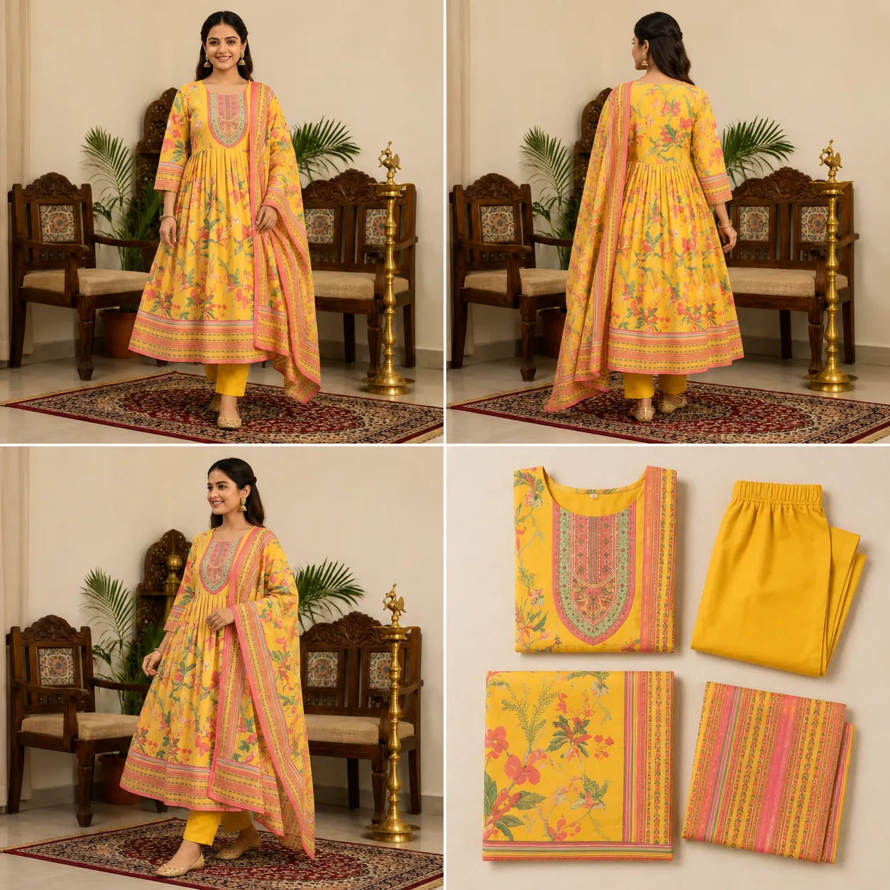 Women's Sunshine Yellow Floral Printed Anarkali Kurta Set with Dupatta