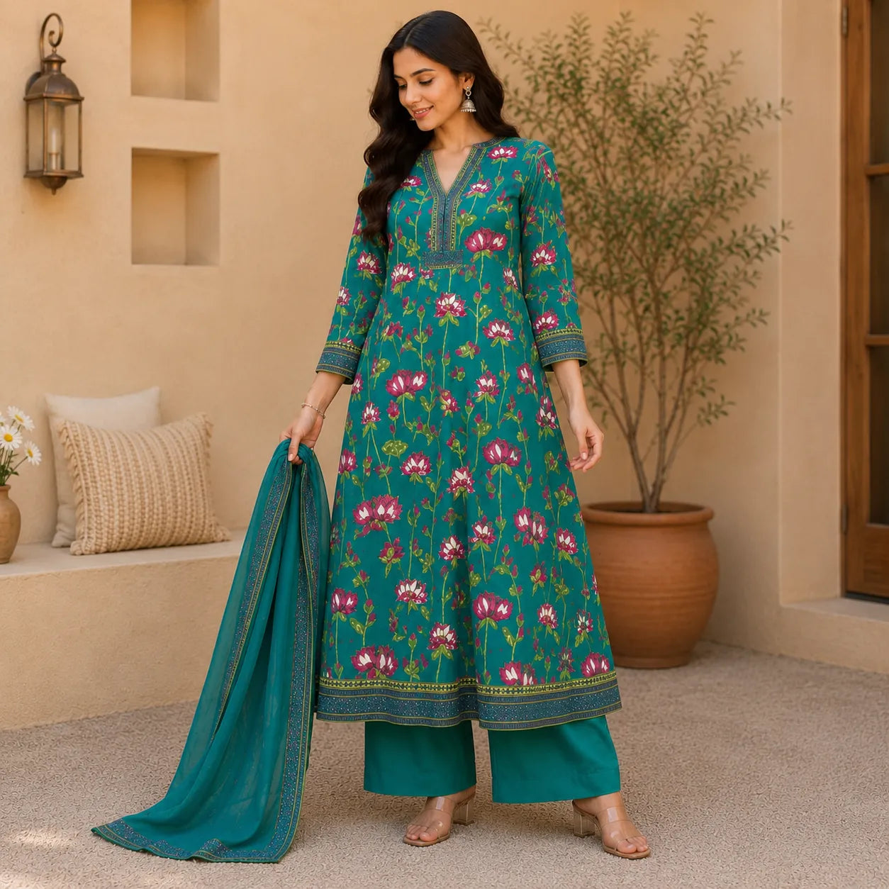 Women's Teal Floral Printed Kurta Set with Plazoo & Dupatta