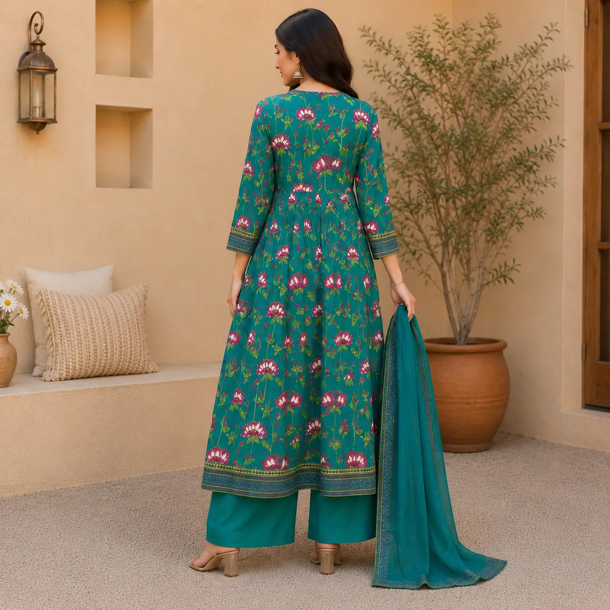 Women's Teal Floral Printed Kurta Set with Plazoo & Dupatta