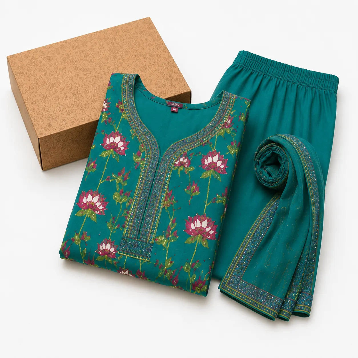 Women's Teal Floral Printed Kurta Set with Plazoo & Dupatta
