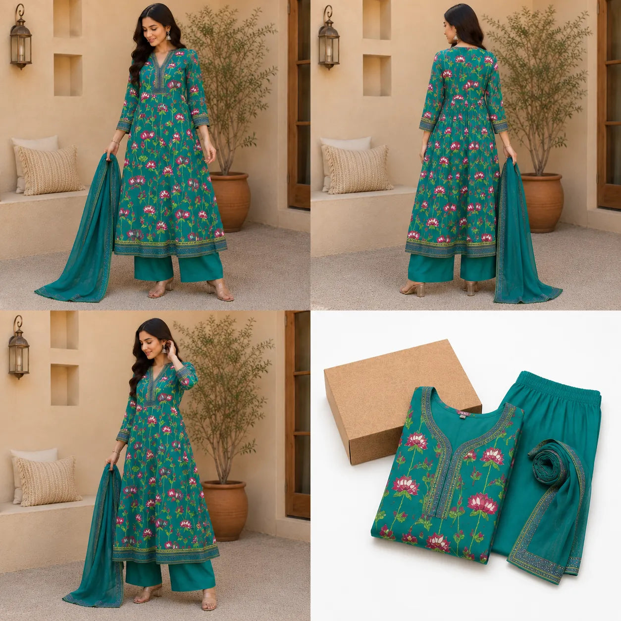 Women's Teal Floral Printed Kurta Set with Plazoo & Dupatta