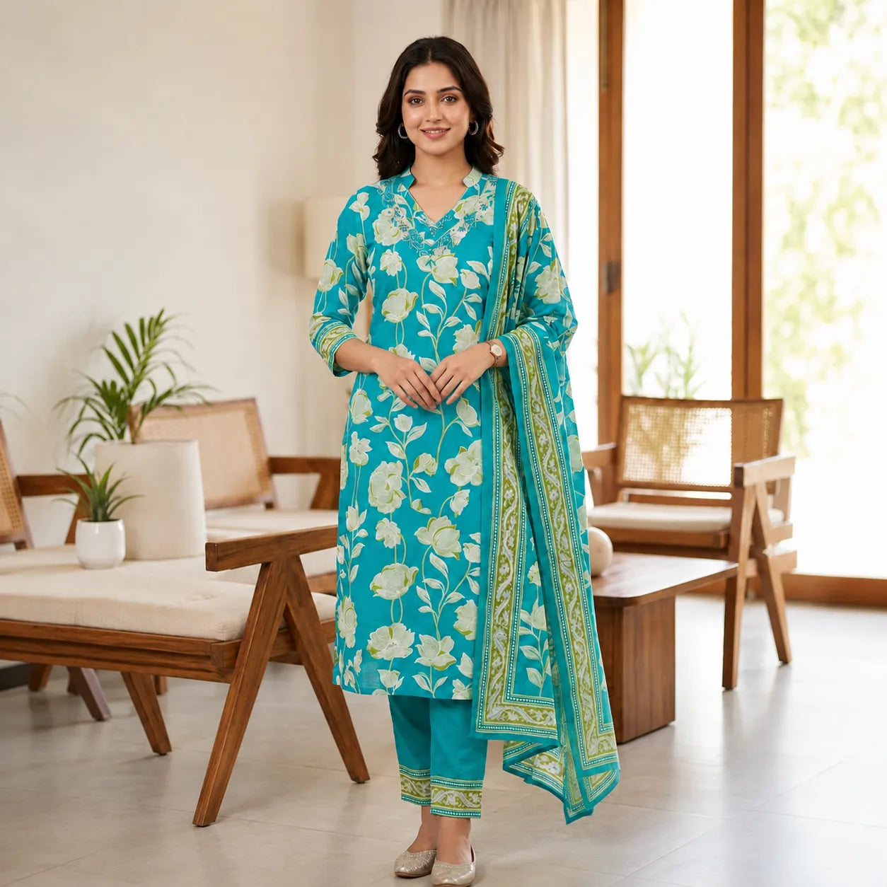 Women's Turquoise Blue Floral Printed Kurta Set with Dupatta