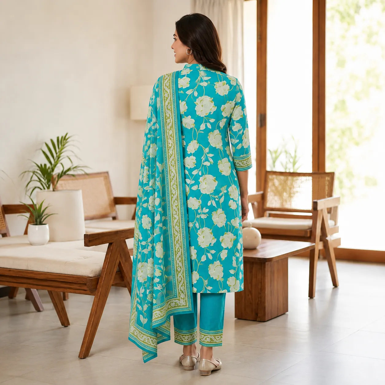 Women's Turquoise Blue Floral Printed Kurta Set with Dupatta