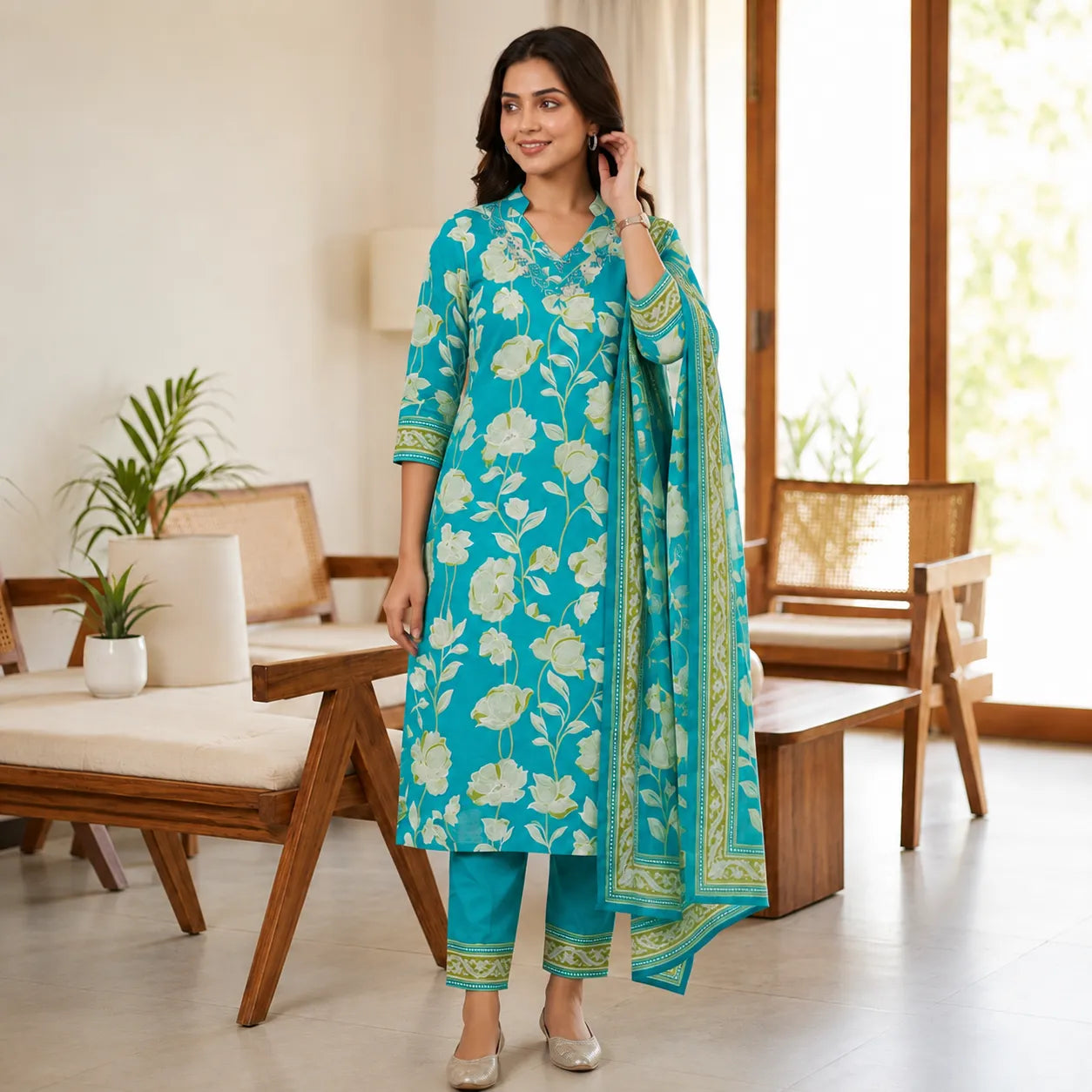 Women's Turquoise Blue Floral Printed Kurta Set with Dupatta
