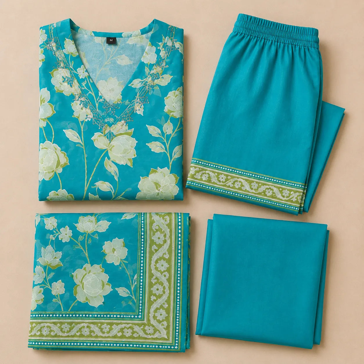 Women's Turquoise Blue Floral Printed Kurta Set with Dupatta
