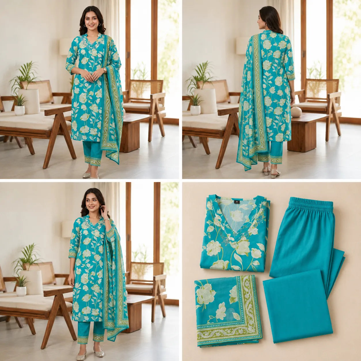 Women's Turquoise Blue Floral Printed Kurta Set with Dupatta