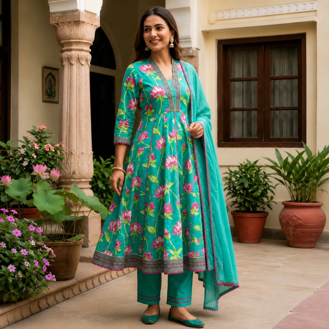 Women's Turquoise Floral Printed Anarkali Kurta Set with Dupatta