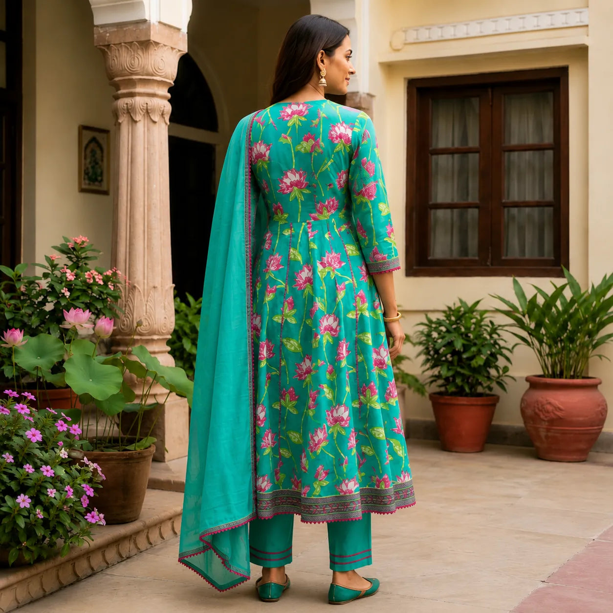 Women's Turquoise Floral Printed Anarkali Kurta Set with Dupatta