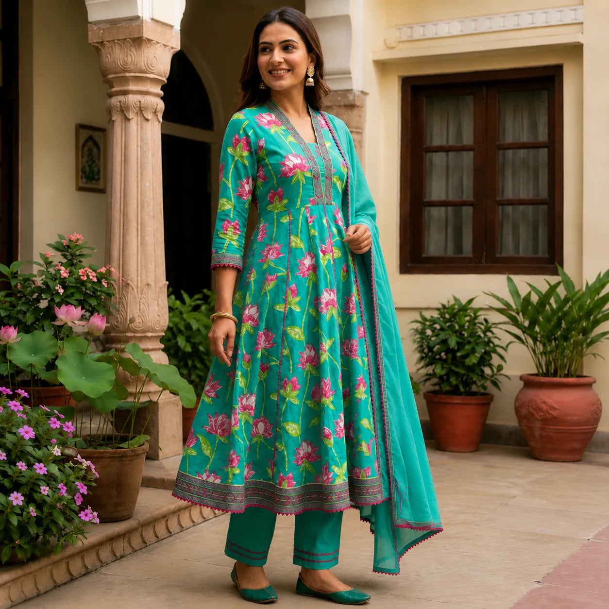 Women's Turquoise Floral Printed Anarkali Kurta Set with Dupatta