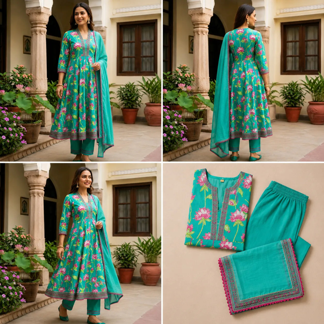 Women's Turquoise Floral Printed Anarkali Kurta Set with Dupatta