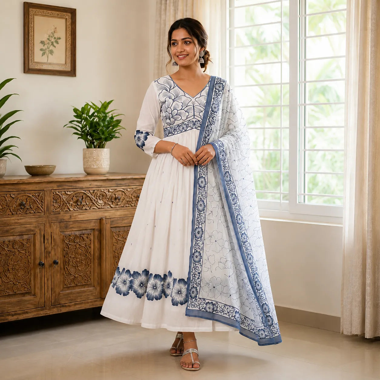 Women's White & Blue Floral Printed Anarkali Kurta Set with Dupatta