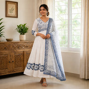 Women's White & Blue Floral Printed Anarkali Kurta Set with Dupatta