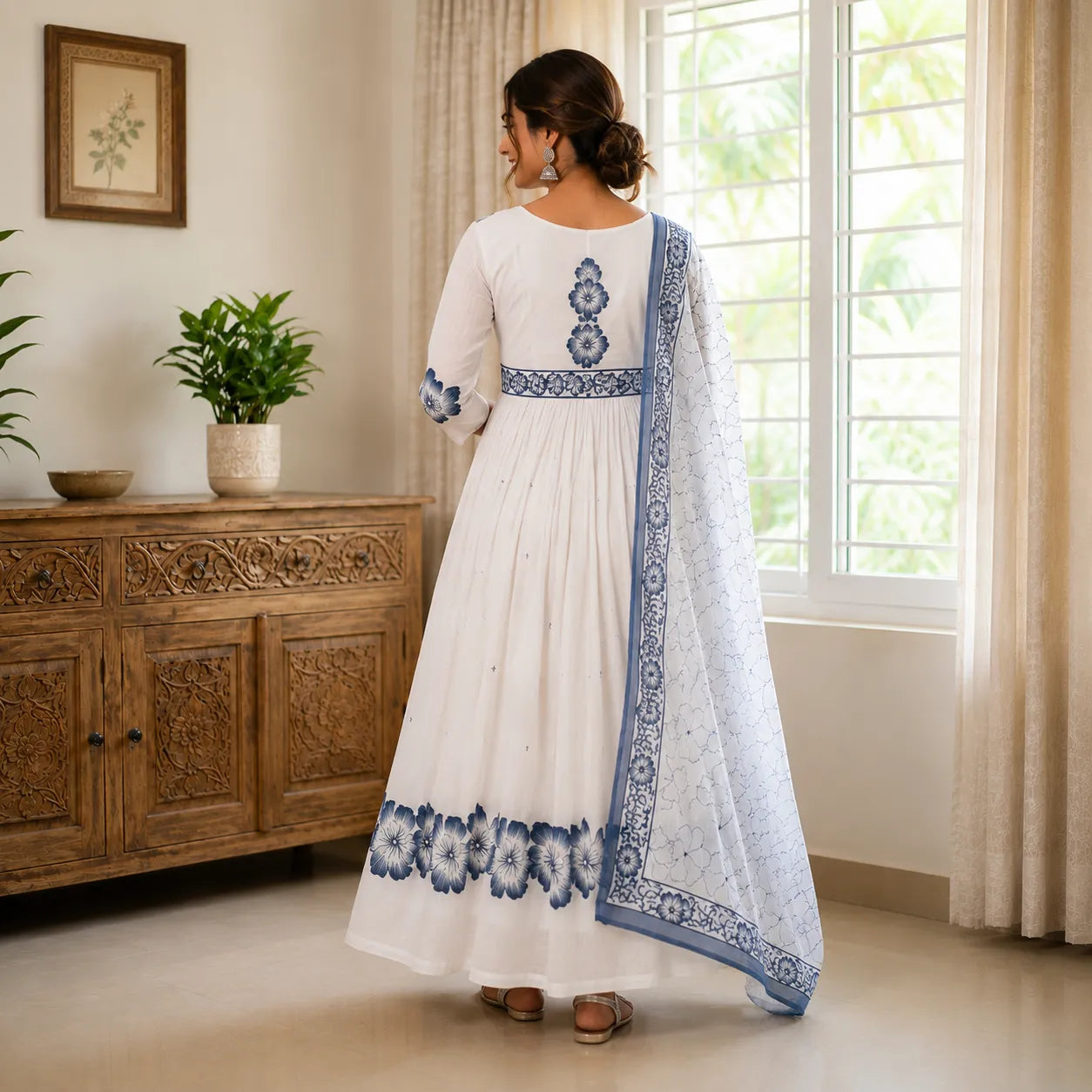 Women's White & Blue Floral Printed Anarkali Kurta Set with Dupatta