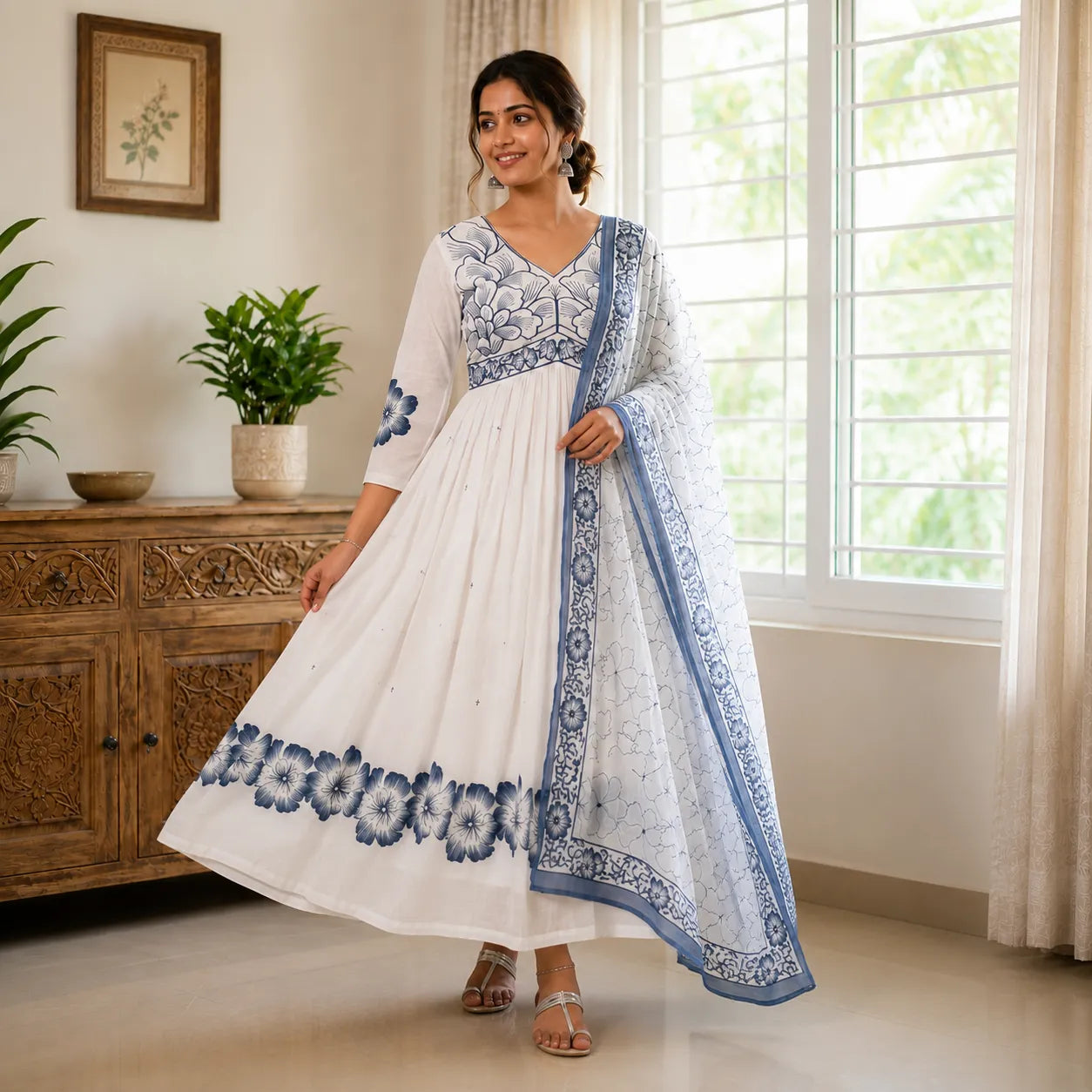 Women's White & Blue Floral Printed Anarkali Kurta Set with Dupatta