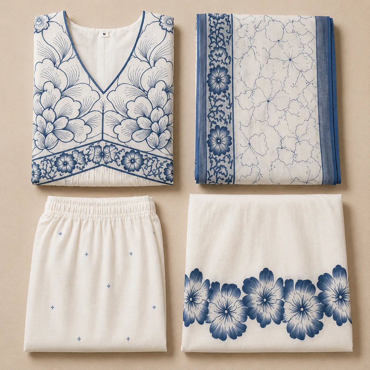 Women's White & Blue Floral Printed Anarkali Kurta Set with Dupatta