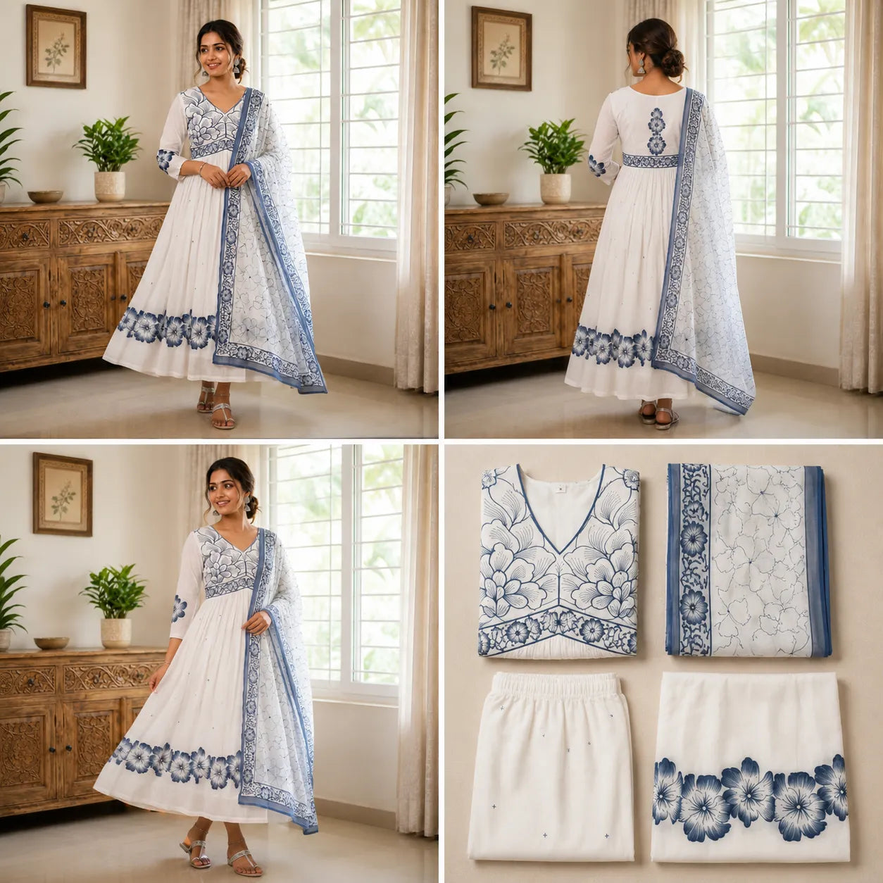 Women's White & Blue Floral Printed Anarkali Kurta Set with Dupatta
