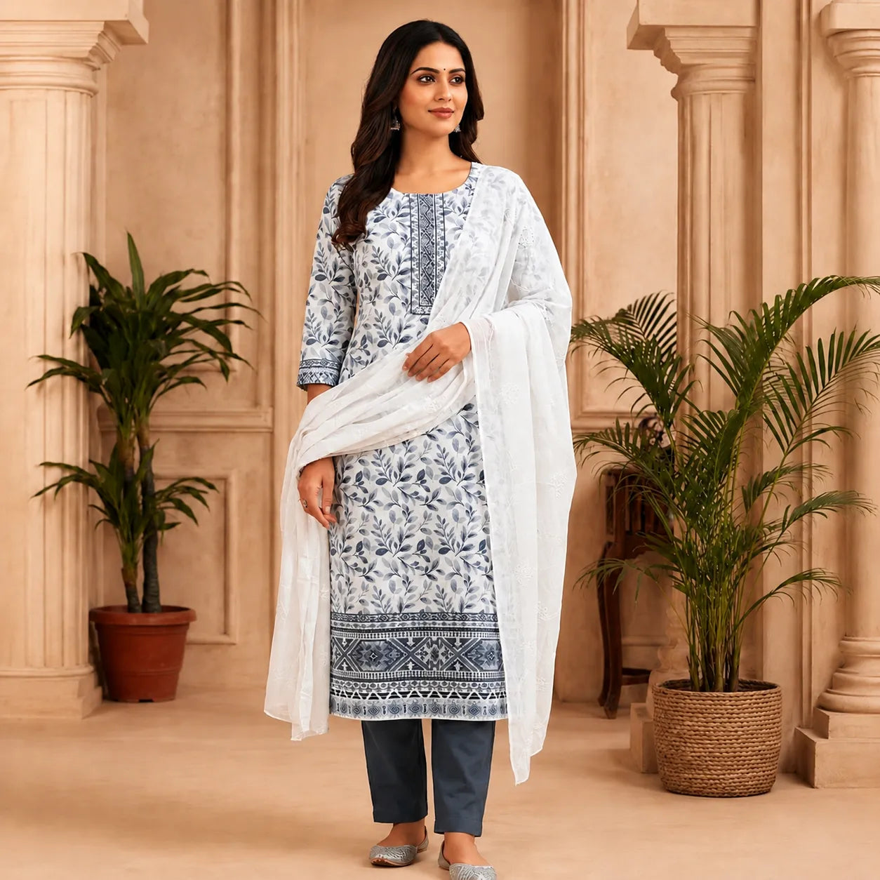 Women's White & Blue Floral Printed Kurta Set with Dupatta