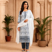 Women's White & Blue Floral Printed Kurta Set with Dupatta