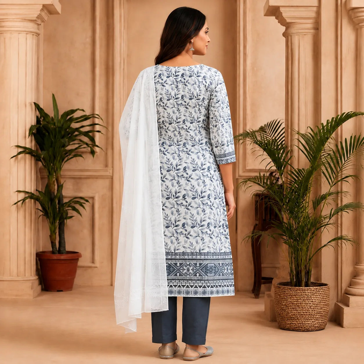 Women's White & Blue Floral Printed Kurta Set with Dupatta