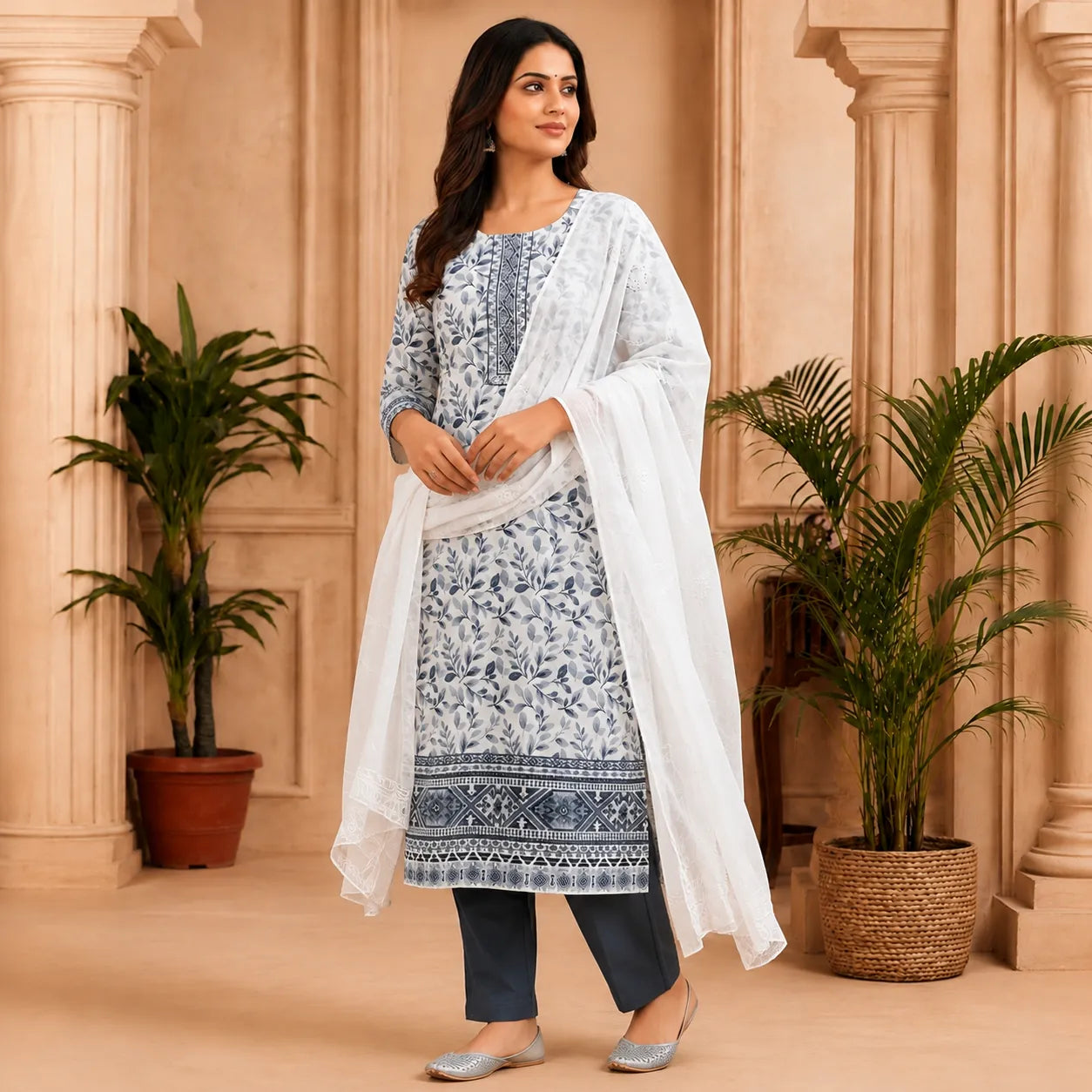 Women's White & Blue Floral Printed Kurta Set with Dupatta