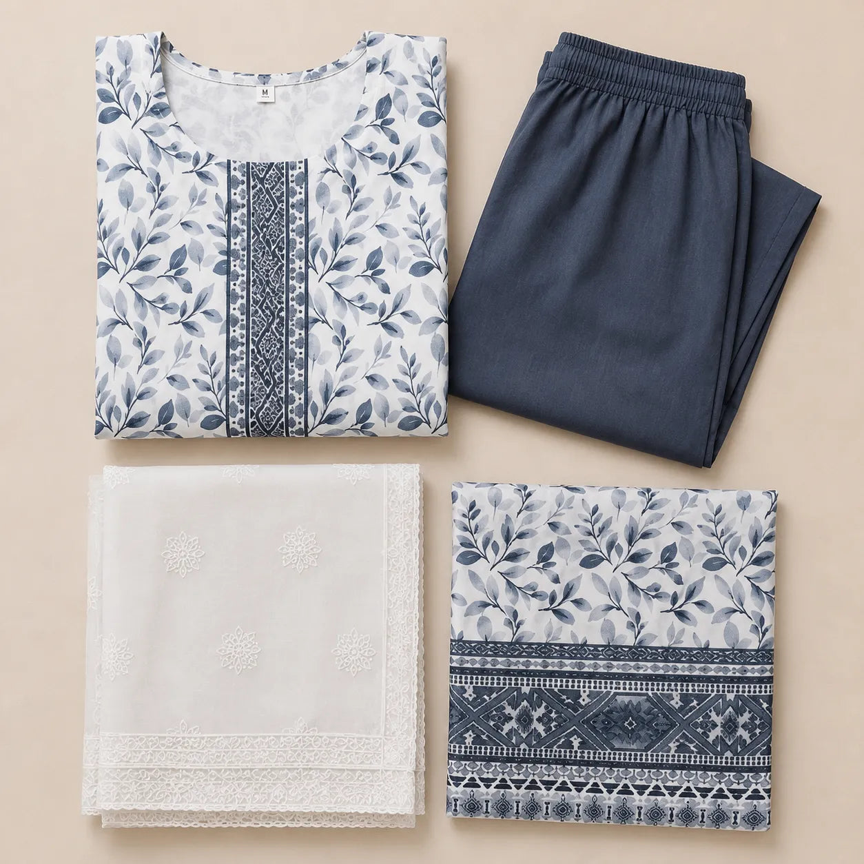 Women's White & Blue Floral Printed Kurta Set with Dupatta