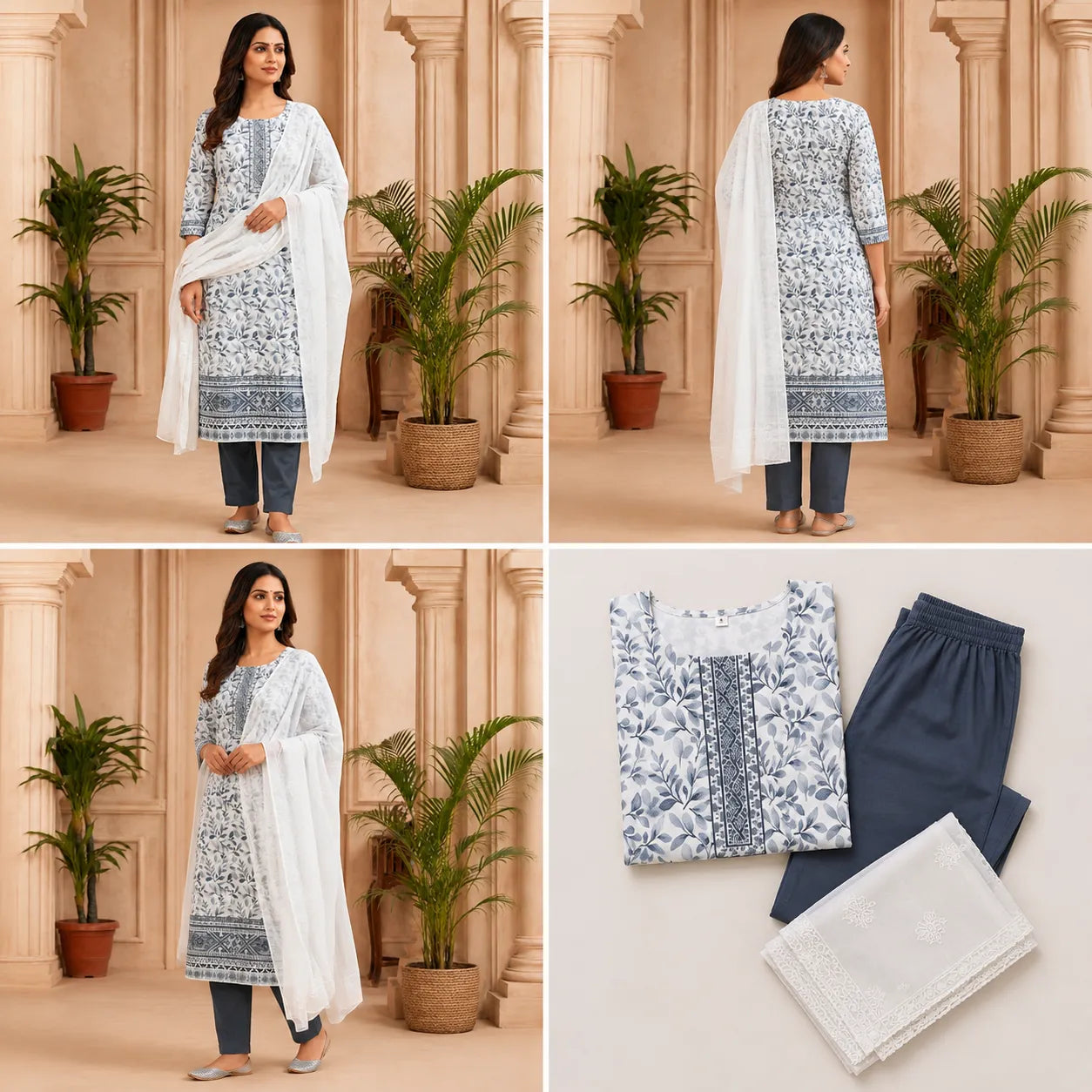 Women's White & Blue Floral Printed Kurta Set with Dupatta