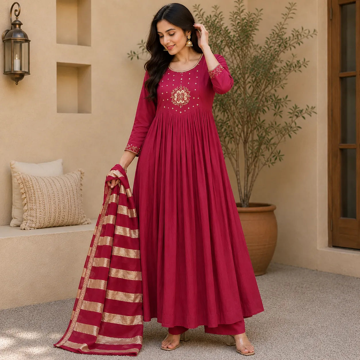 Women's Wine Embroidered Anarkali Kurta Set with Striped Dupatta