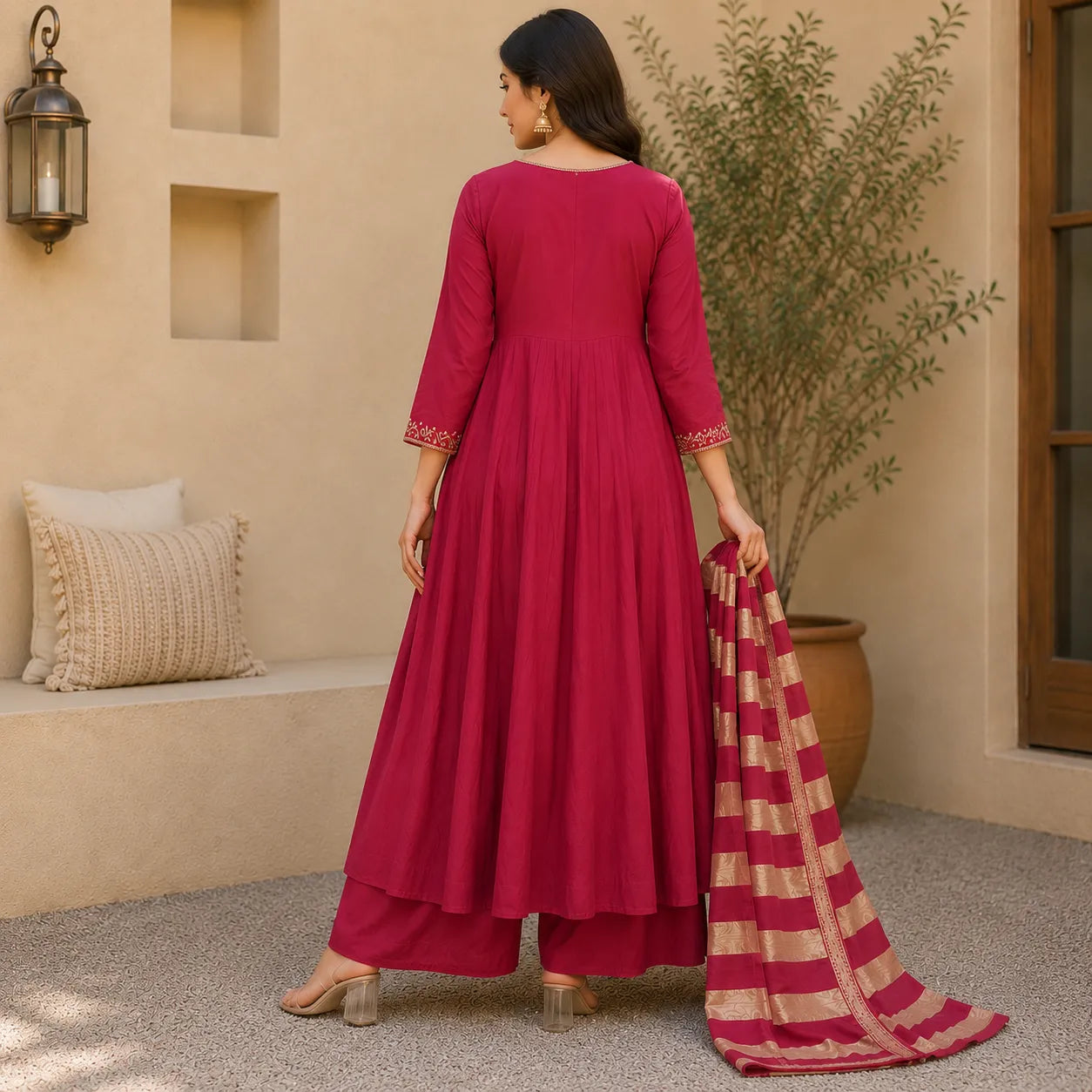 Women's Wine Embroidered Anarkali Kurta Set with Striped Dupatta