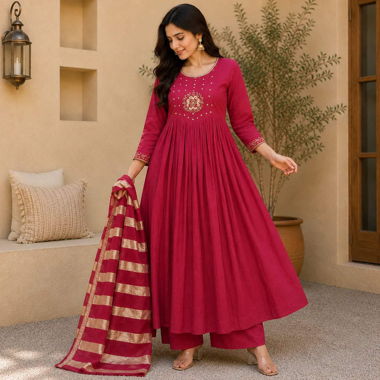 Women's Wine Embroidered Anarkali Kurta Set with Striped Dupatta