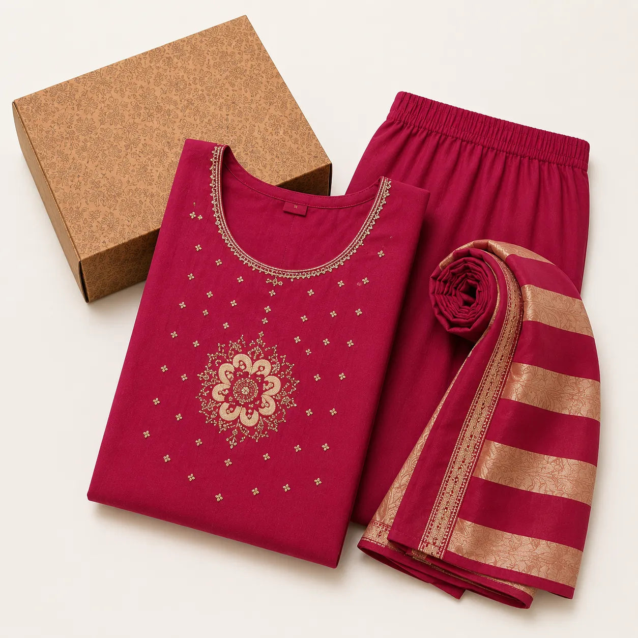 Women's Wine Embroidered Anarkali Kurta Set with Striped Dupatta