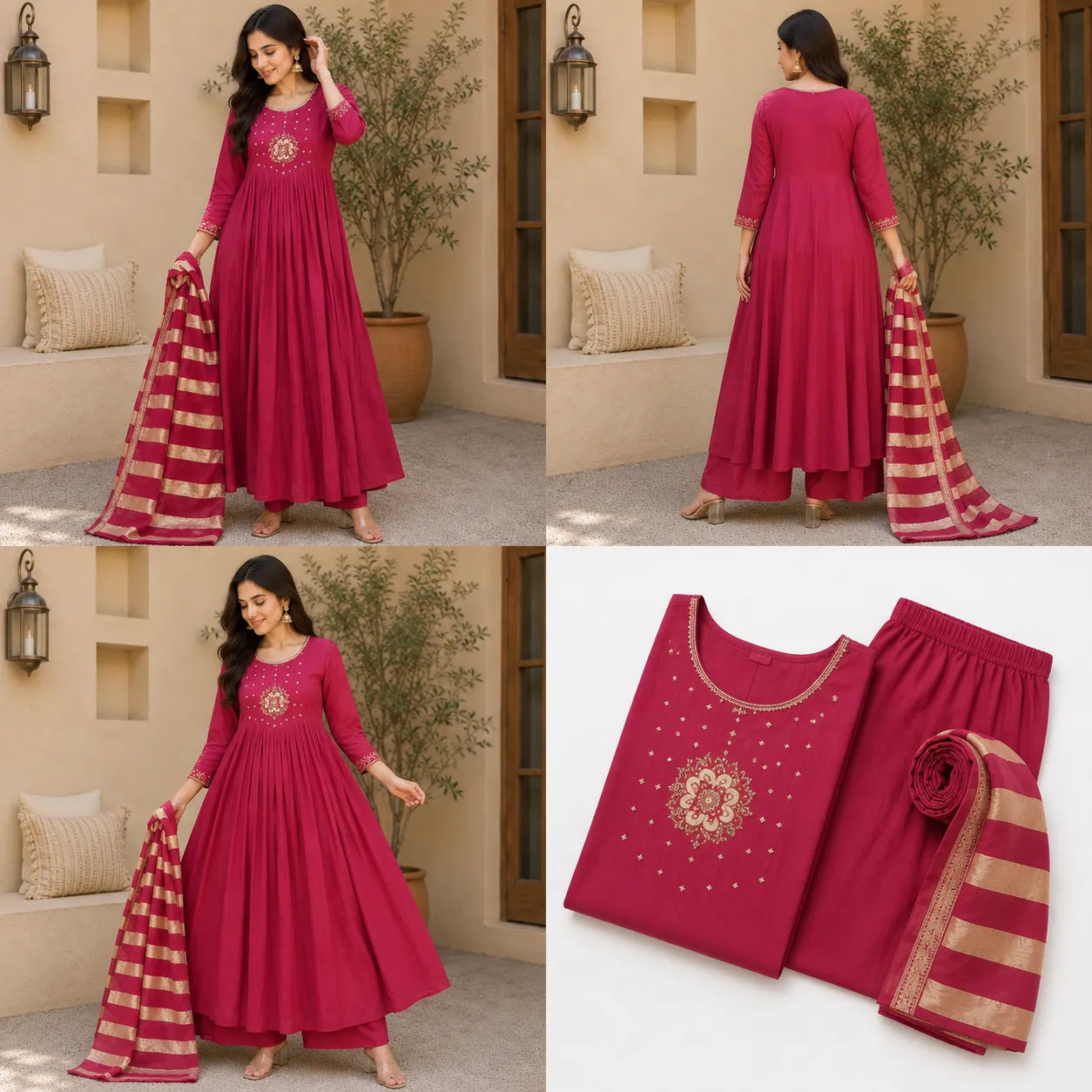 Women's Wine Embroidered Anarkali Kurta Set with Striped Dupatta
